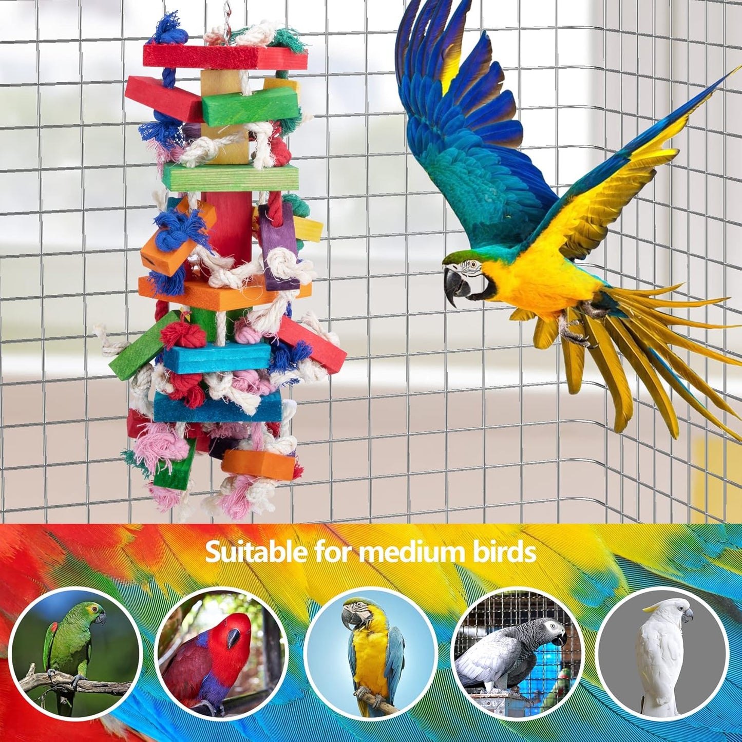 Delokey Bird Block Knots Tearing Toy -19.7 Inch Multicolored Natural Wooden Parrot Chewing Toy Suggested for Macaws Cokatoos,African Grey and a Variety of Amazon Parrots.(Large Size)