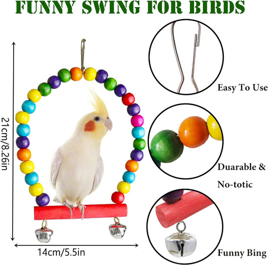 Bird Budgie Parakeets Toys, Parrot Cage Swing Climbing Ladders Wooden Perch Chewing Toy for Conures, Love Birds, Small Parakeets, Cockatiels