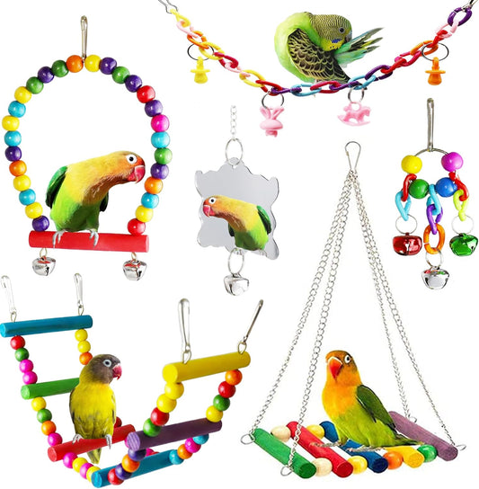 Bird Budgie Parakeets Toys,  Parrot Cage Swing Climbing Ladders Wooden Perch Chewing Toy for Conures, Love Birds, Small Parakeets, Cockatiels