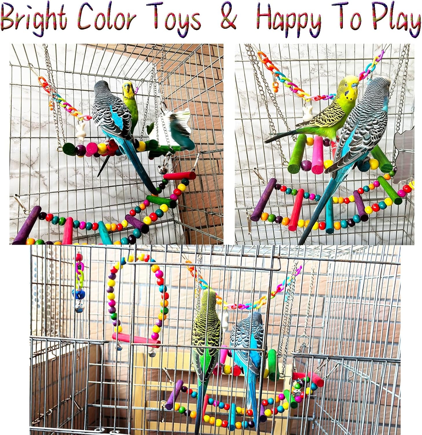 Bird Budgie Parakeets Toys,  Parrot Cage Swing Climbing Ladders Wooden Perch Chewing Toy for Conures, Love Birds, Small Parakeets, Cockatiels