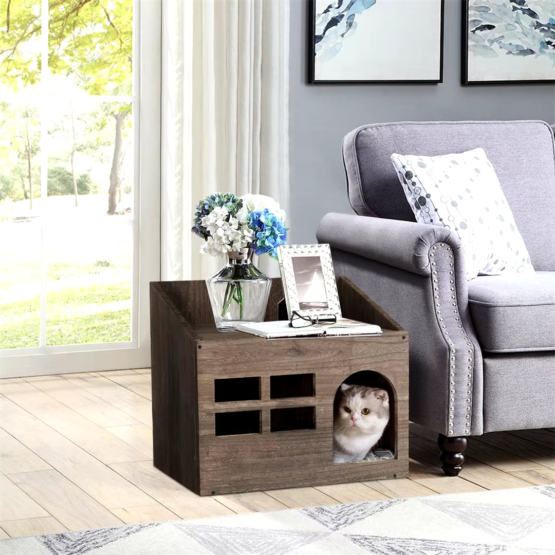Wooden Cat Cave Bed Furniture Kitten Sleep Lounge House Bed with Cushion Pad Litter Box for Indoor Cats
