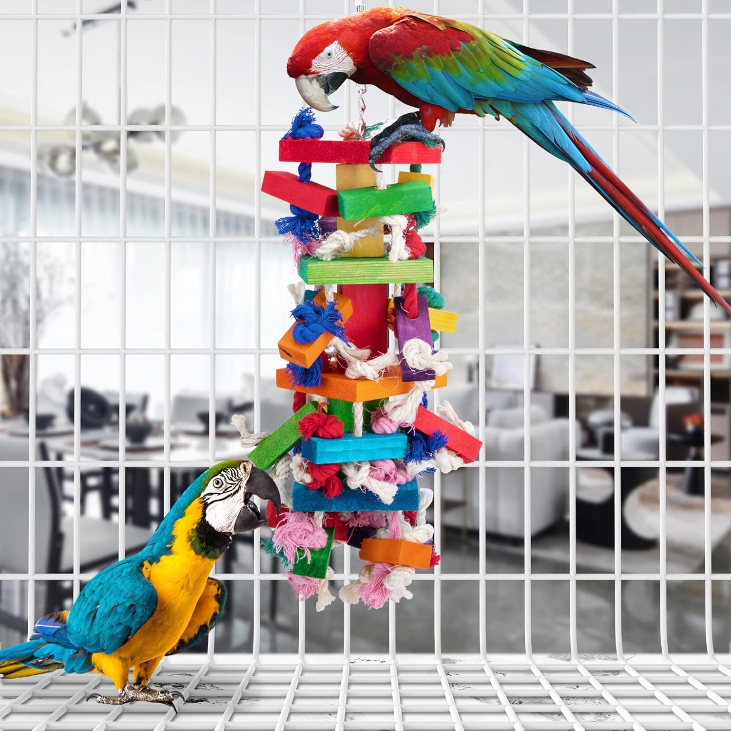 Delokey Bird Block Knots Tearing Toy -19.7 Inch Multicolored Natural Wooden Parrot Chewing Toy Suggested for Macaws Cokatoos,African Grey and a Variety of Amazon Parrots.(Large Size)