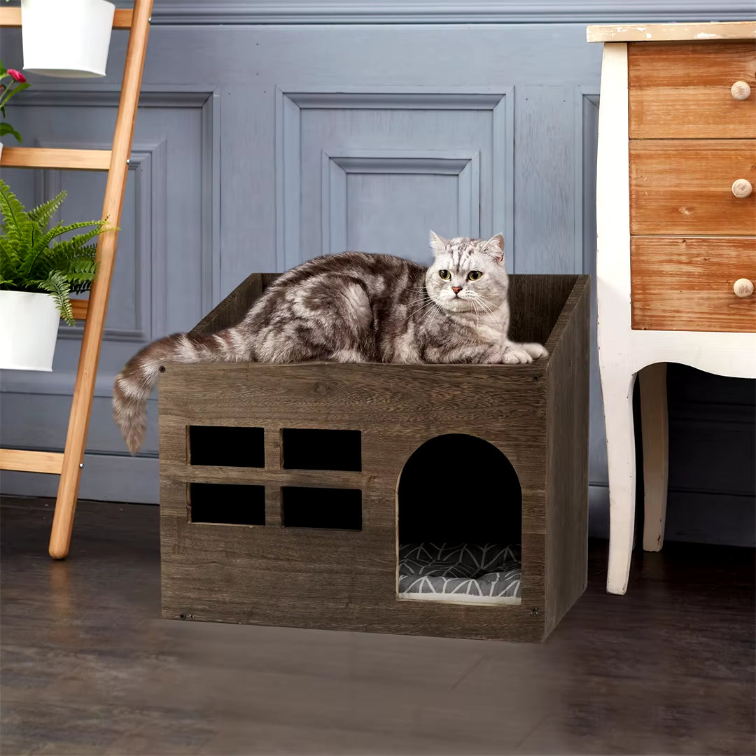 Wooden Cat Cave Bed Furniture Kitten Sleep Lounge House Bed with Cushion Pad Litter Box for Indoor Cats