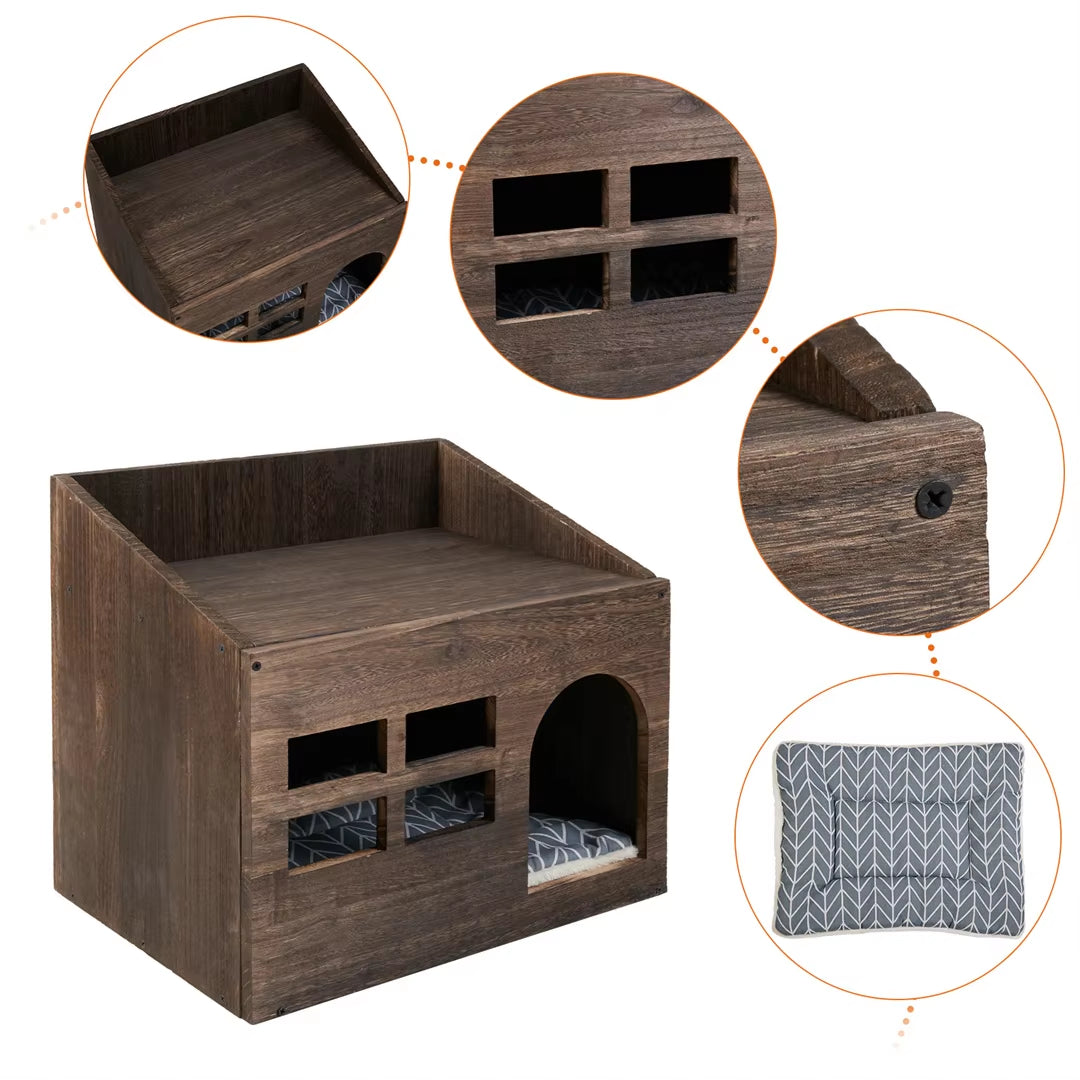 Wooden Cat Cave Bed Furniture Kitten Sleep Lounge House Bed with Cushion Pad Litter Box for Indoor Cats