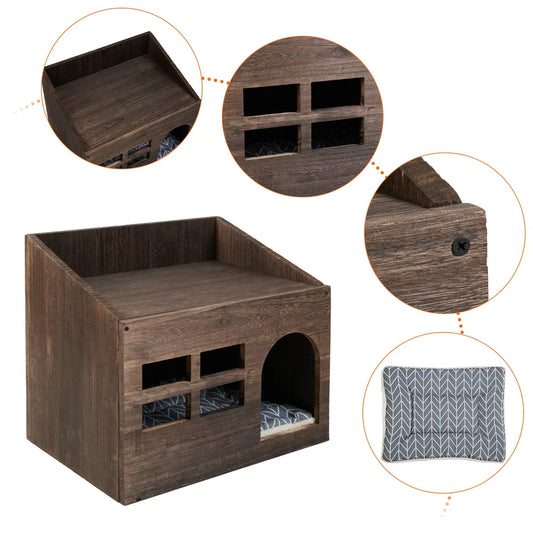 Wooden Cat Cave Bed Furniture Kitten Sleep Lounge House Bed with Cushion Pad Litter Box for Indoor Cats