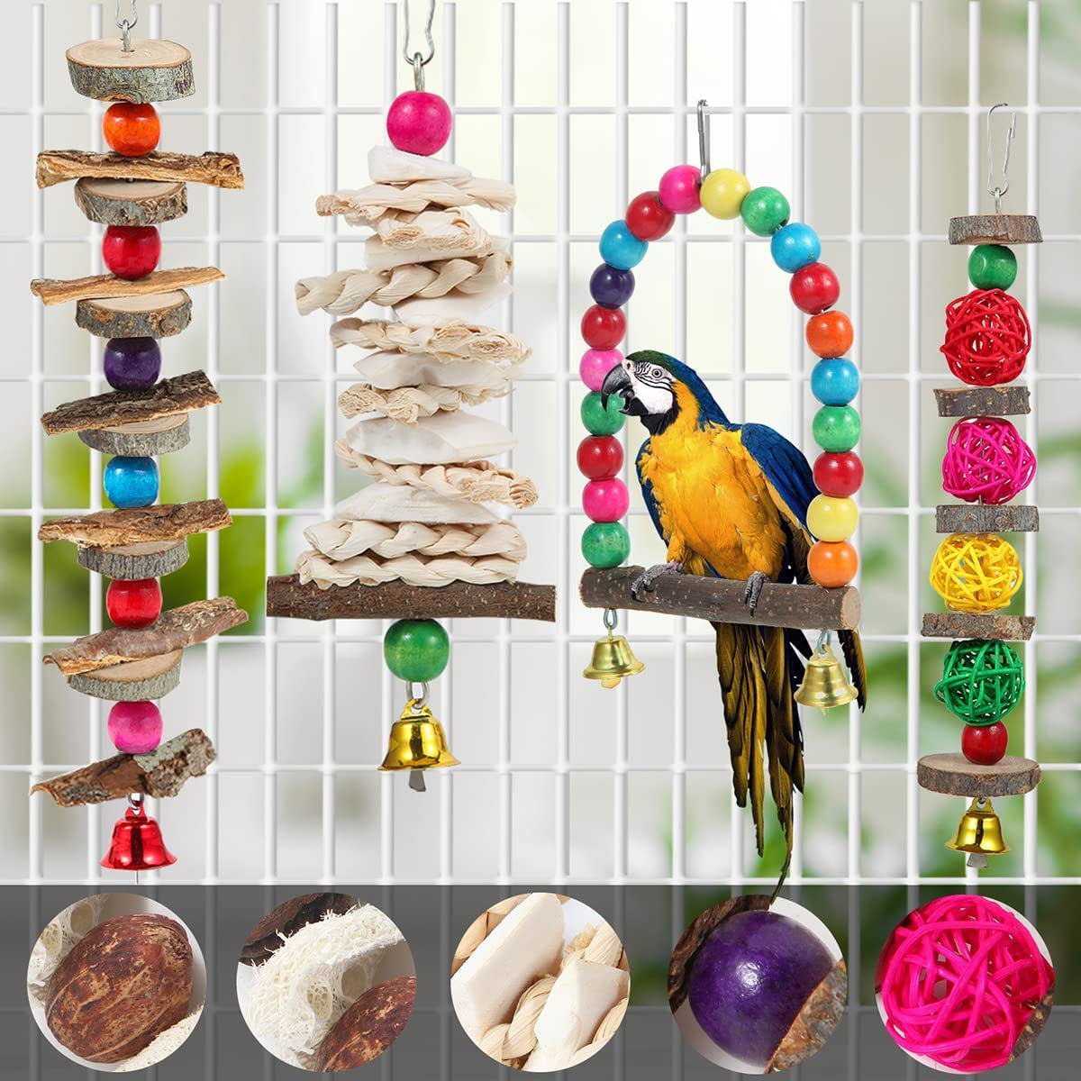 Bird Perch & Toys - 6 Pack Accessories, Wooden Chew Toys & Perch Stand for Parakeet, Conure, Cockatiel, Lovebird, Parrotlet, Budgie, Finches & Other Small to Medium Sized Birds