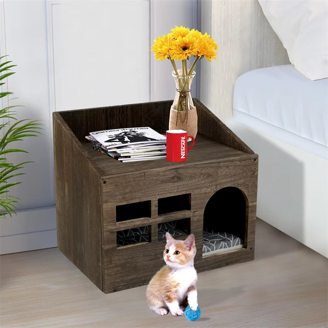 Wooden Cat Cave Bed Furniture Kitten Sleep Lounge House Bed with Cushion Pad Litter Box for Indoor Cats