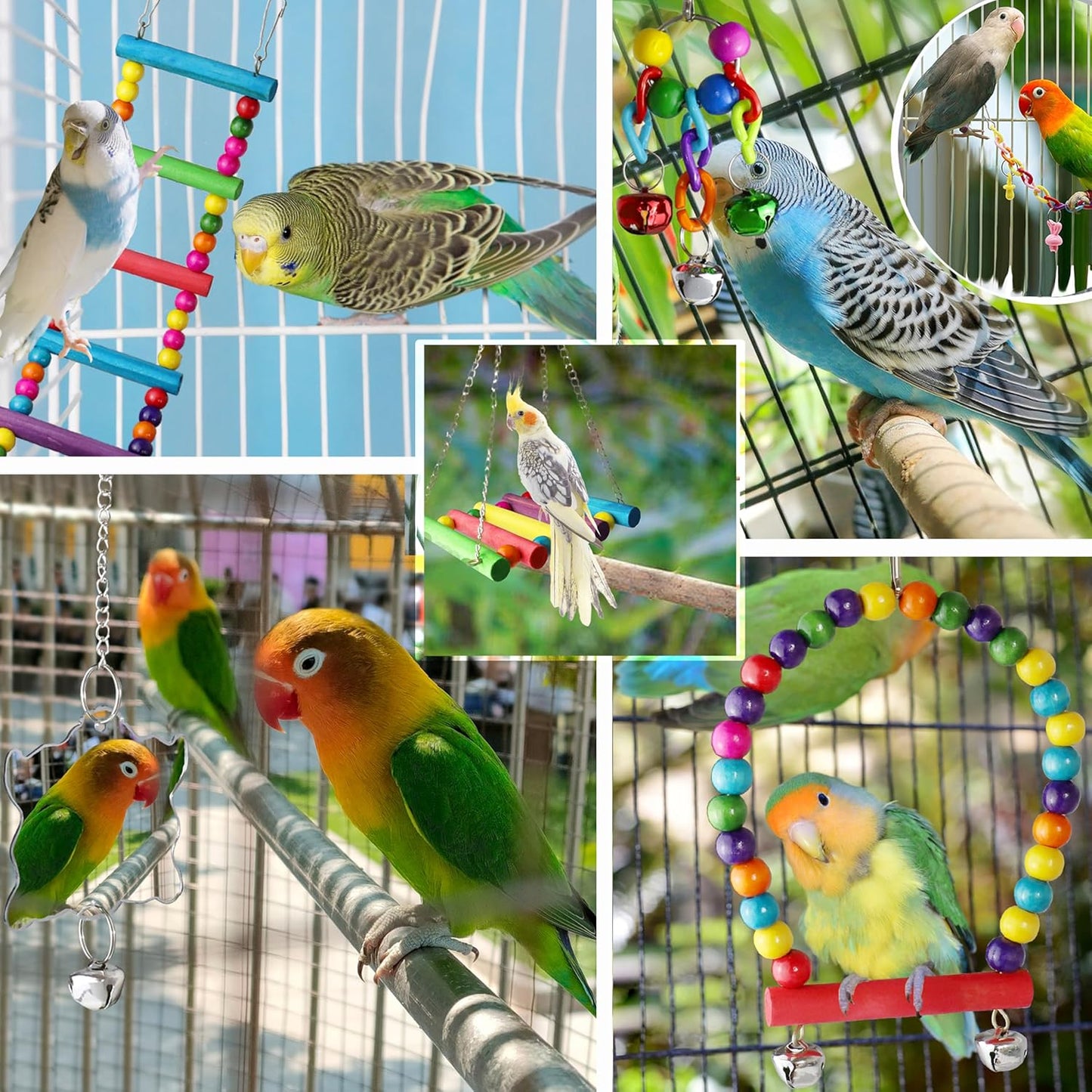 Bird Budgie Parakeets Toys,  Parrot Cage Swing Climbing Ladders Wooden Perch Chewing Toy for Conures, Love Birds, Small Parakeets, Cockatiels