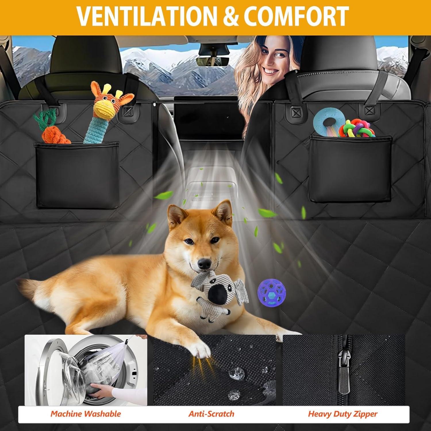 Back Seat Extender for Dogs - Large Space Car Seat Cover with Hard Bottom, Sturdy Hammock Supporting 181Kg, Easy to Install for Cars, Trucks, Suvs - Black