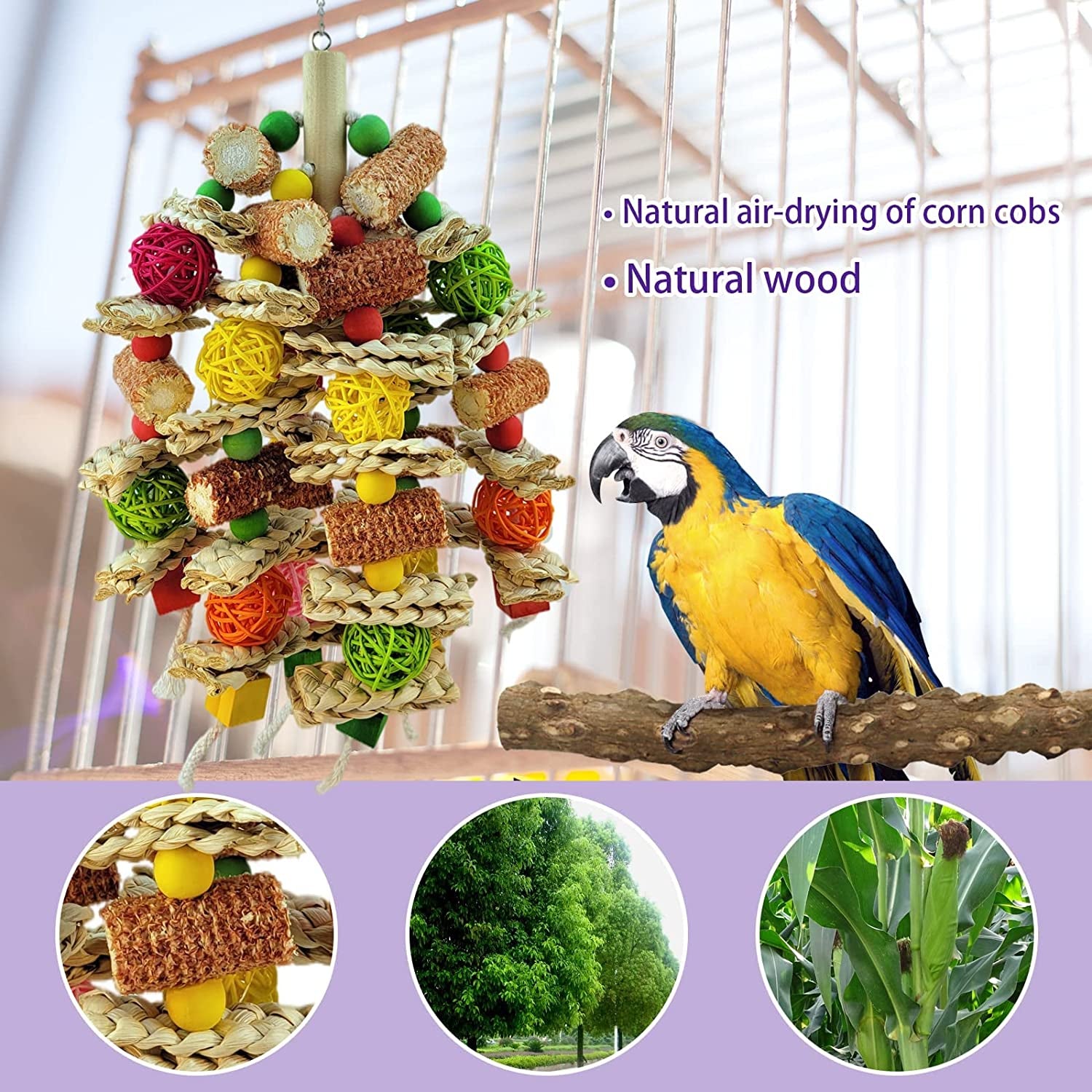 RF-X Parrot Toys, Natural Corn Cob Bird Chew Toys for Small and Medium-Sized Macaws, African Grey Parrots, Amazon Parrots, Medium-Sized Bird Cage Toys