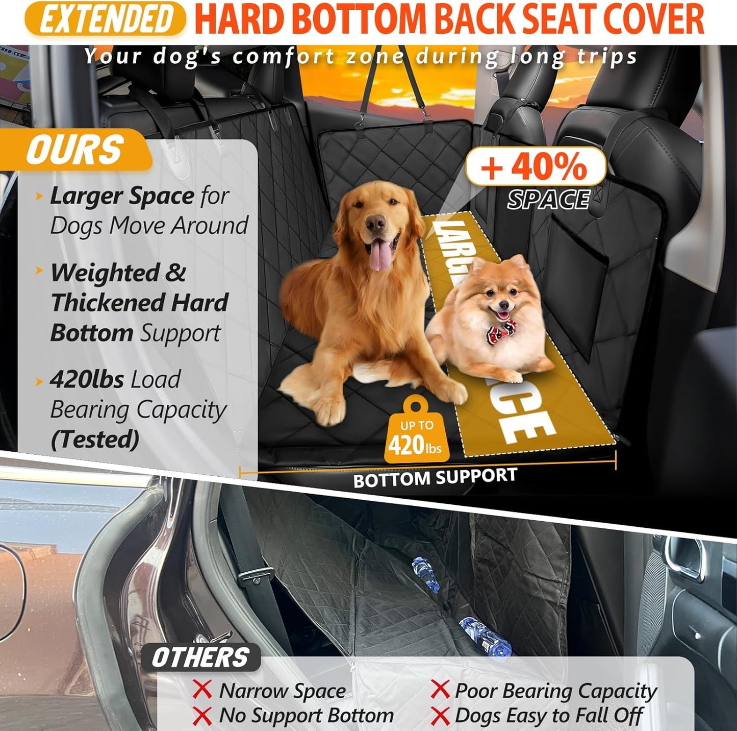 Back Seat Extender for Dogs - Large Space Car Seat Cover with Hard Bottom, Sturdy Hammock Supporting 181Kg, Easy to Install for Cars, Trucks, Suvs - Black